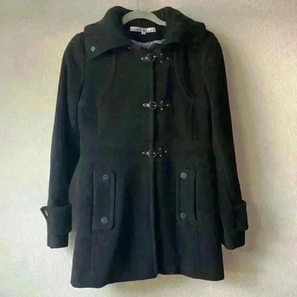 Kenneth Cole New York Jackets & Blazers - Kenneth Kole Black Wool Coat with removable Hoodie Sz 4